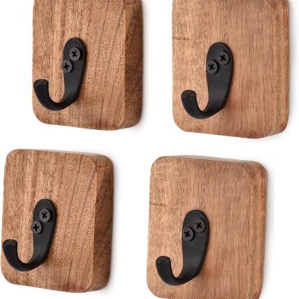 Acacia Wood Natural 4 PCS Wall Mounted Rustic Decorative Coat Hook for Hanging Coat Clothes Hat Bag Purse and Towel (3" x 2.5" x 0.75")