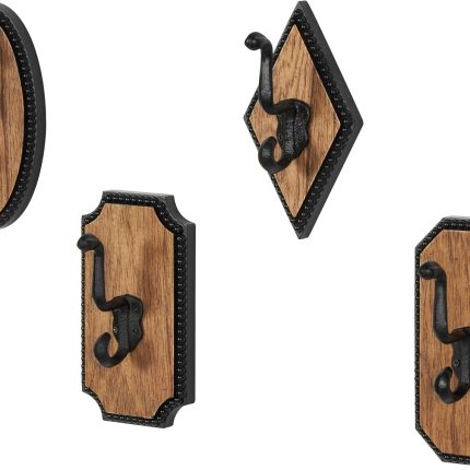 Wooden Home Wall Hook Vintage Inspired Coat Hooks with Black Beaded Frames and Varying Geometric  Set of 4 Hooks 4'W, 7'H, Brown